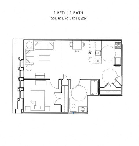 Floor plan for 1 bed, 1 bath, 669 sqft
